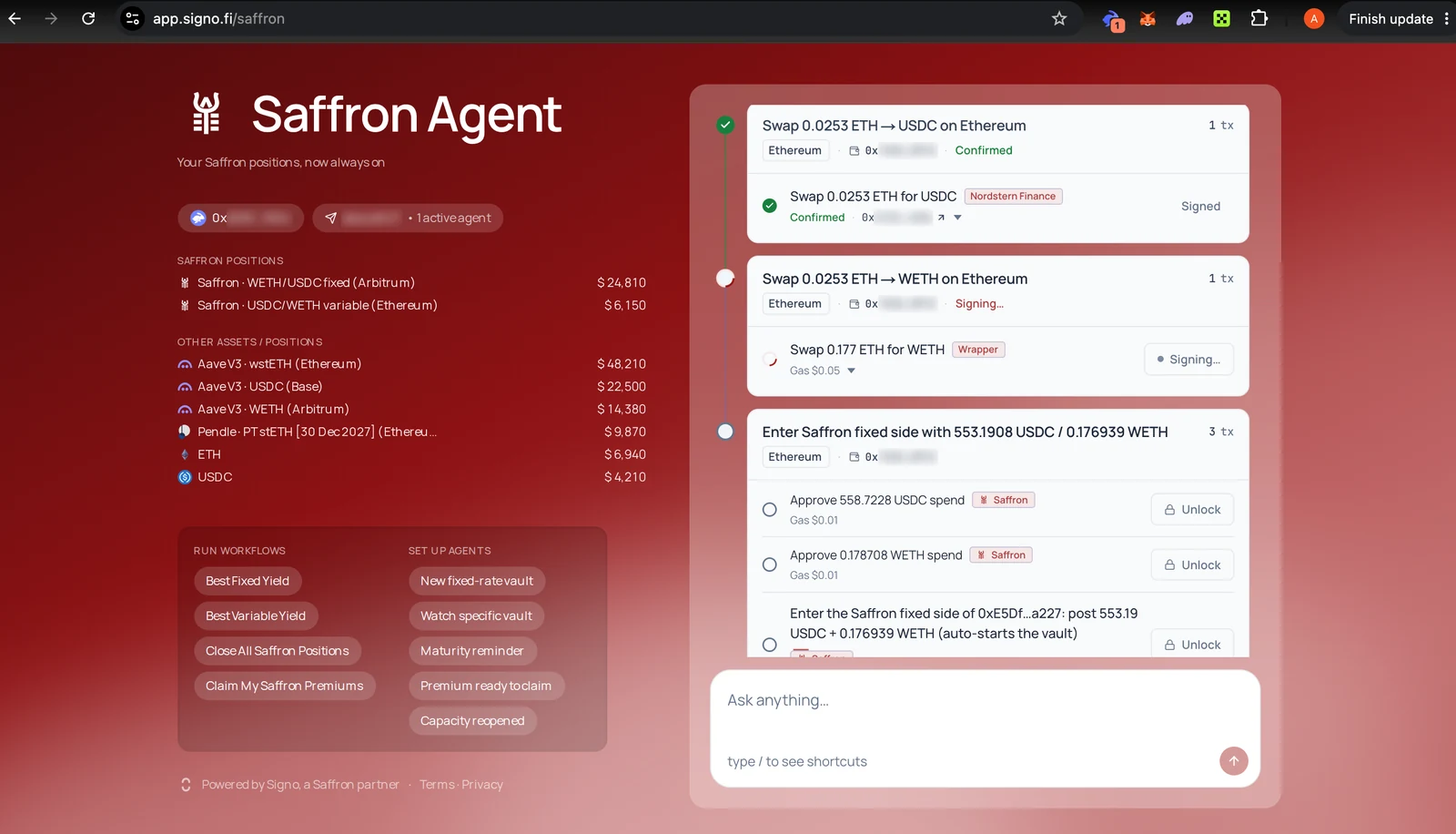 The Saffron Agent page at app.signo.fi/saffron: the wallet's Saffron positions and other assets on the left, with buttons to run workflows and set up agents, and on the right a chat that has built a plan to enter a Saffron fixed side, step by step, for the wallet to sign.