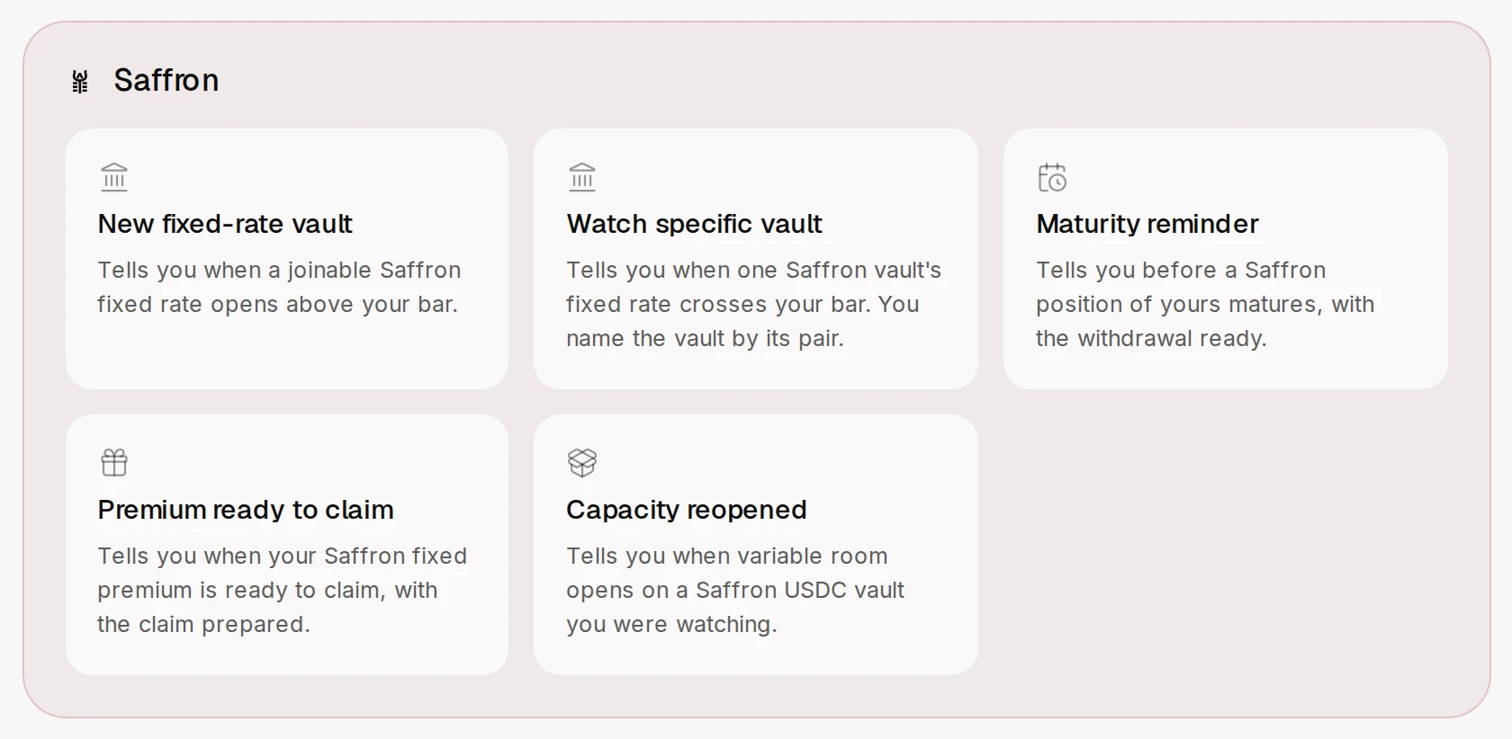 Five Saffron agents: New fixed-rate vault, Watch specific vault, Maturity reminder, Premium ready to claim, and Capacity reopened, each with a one-line description.