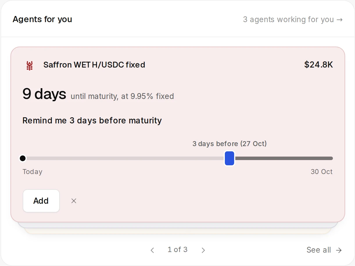 A Signo Home card for a Saffron WETH/USDC fixed position worth $24.8K: 9 days until maturity at 9.95% fixed, a slider set to remind 3 days before maturity, and an Add button.